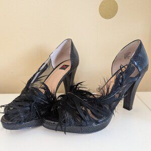 Adrienne Landau Black Feather Snakeskin Textured D'Orsay Heels - 7W 233504